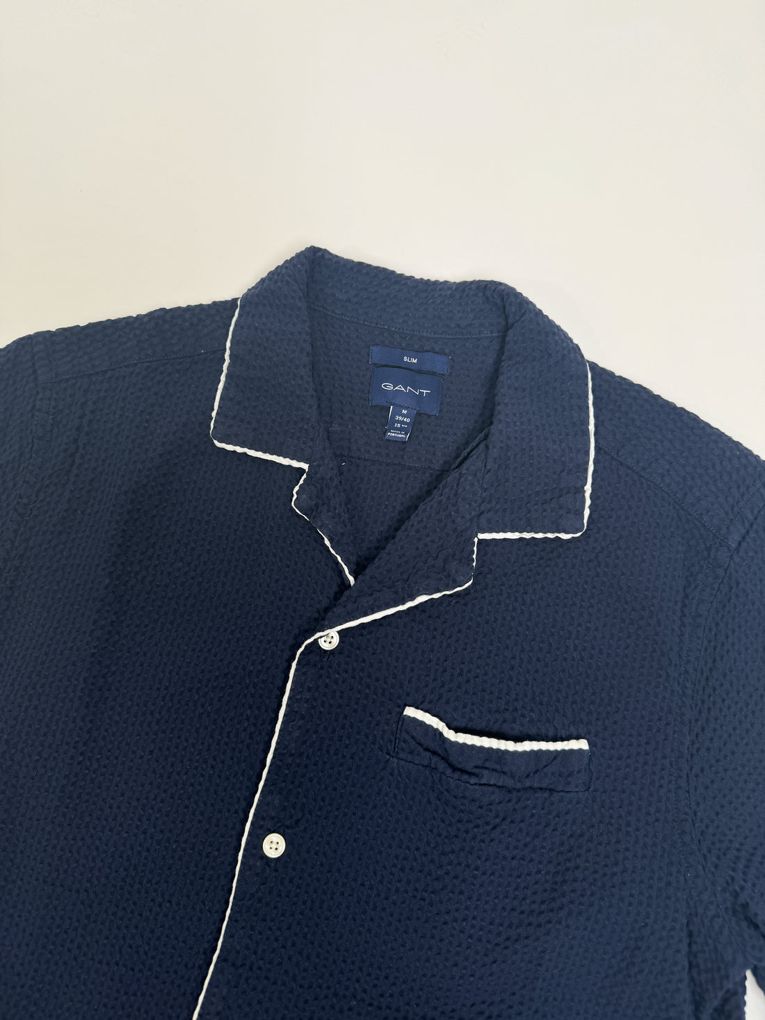 Gant Navy Seersucker Short Sleeved Slim Fit Shirt