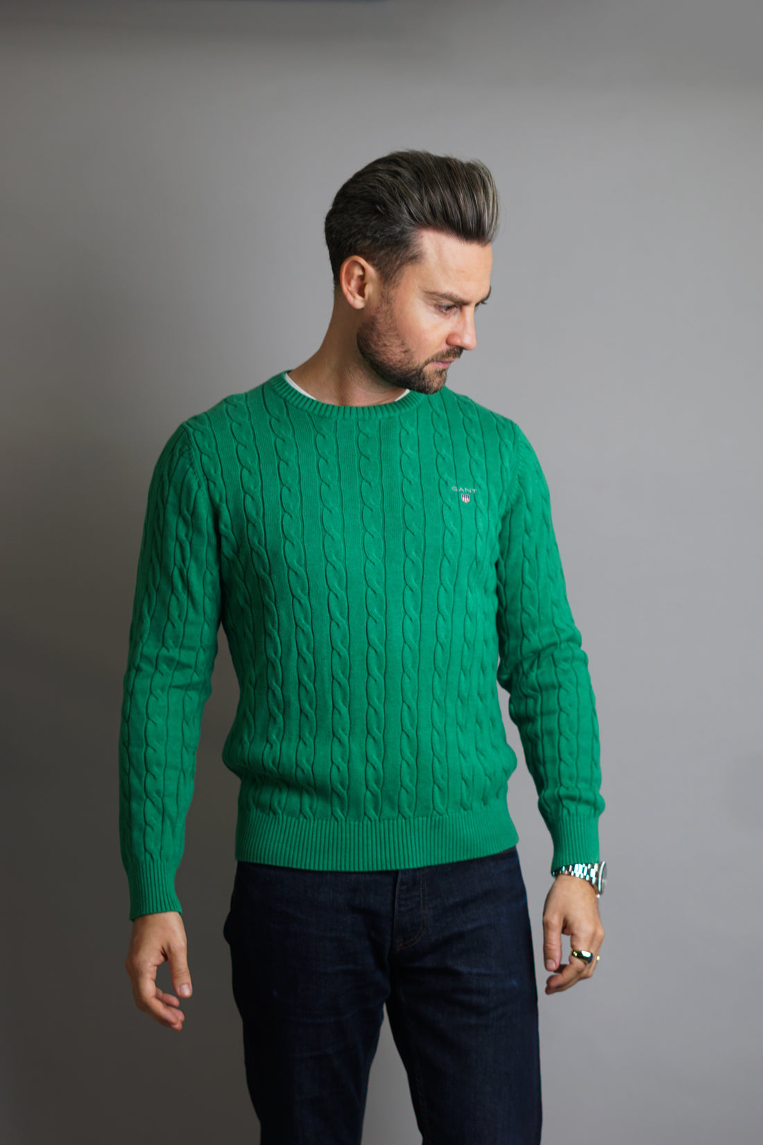 Gant Cableknit Green Premium Cotton O-Neck Sweater