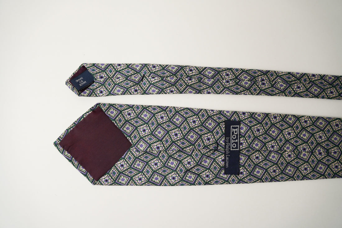 Ralph Lauren Green, Beige and Purple Square-Print Silk Tie