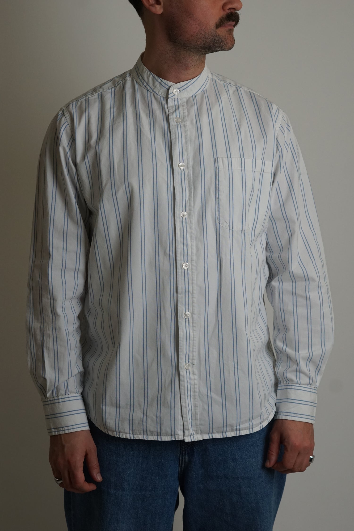 White Vintage China Collar Lightblue Striped Cotton Shirt