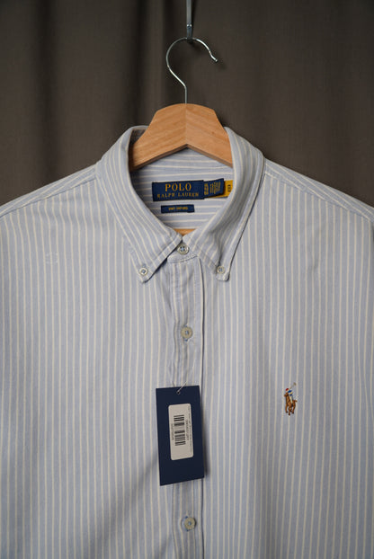 Ralph Lauren Light Blue and White Striped Knit Oxford Button Down Cotton Shirt