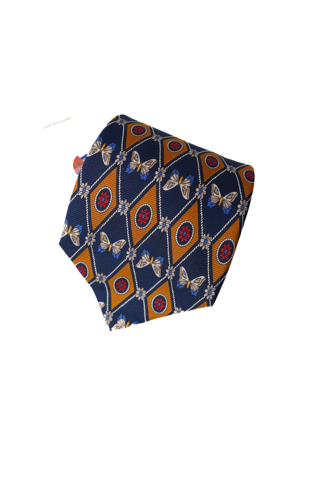 Il Nodo Vintage-Krawatte aus marineblauer und gelber Harlekin-Seide