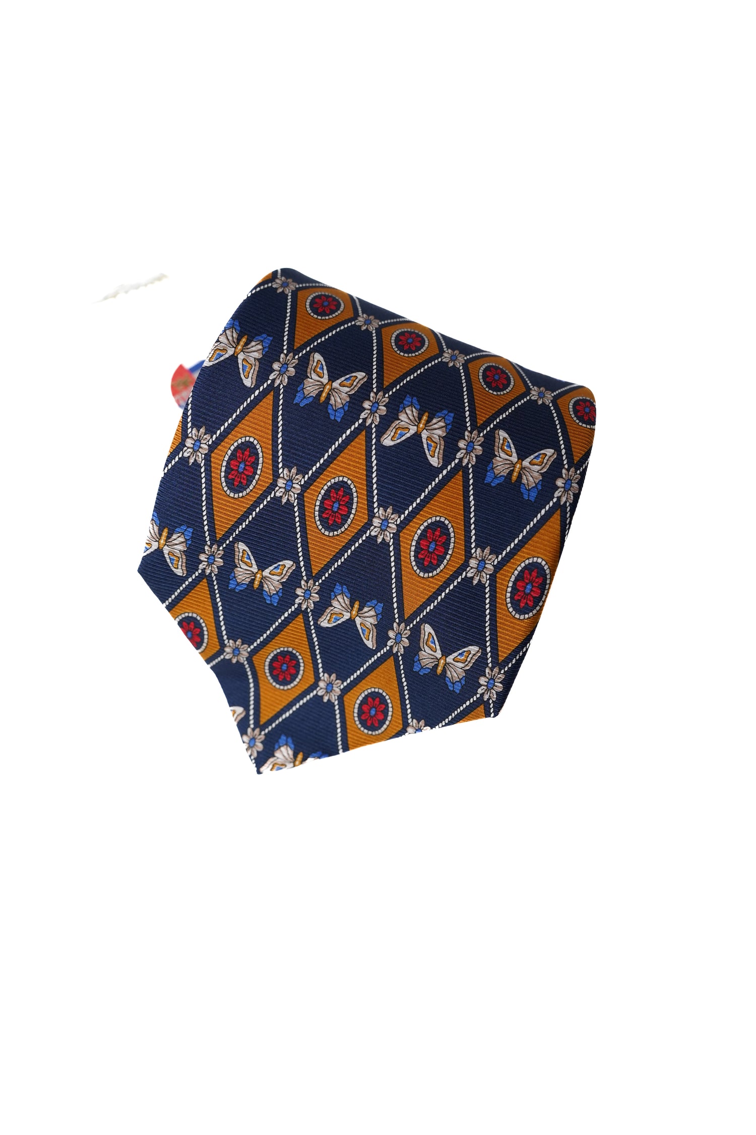 Il Nodo Vintage-Krawatte aus marineblauer und gelber Harlekin-Seide