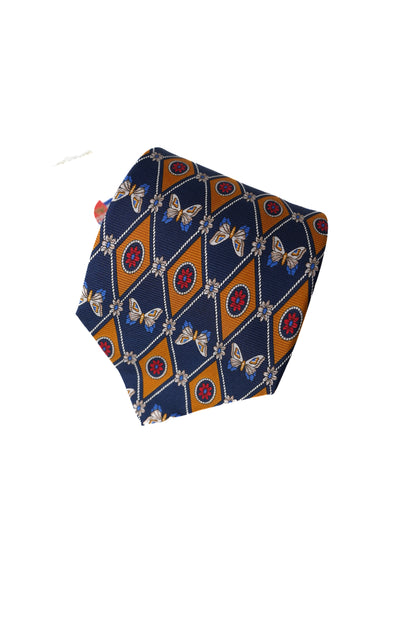 Il Nodo Vintage-Krawatte aus marineblauer und gelber Harlekin-Seide