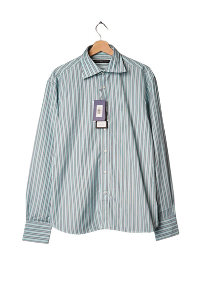 Philosophy of Blues Green, Light Blue and Grey Striped Cornel Cotton Shirt