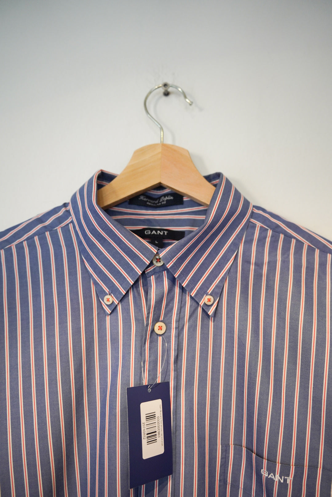 Gant Blue and Red Striped Harvard Poplin Regular Fit Cotton Shirt