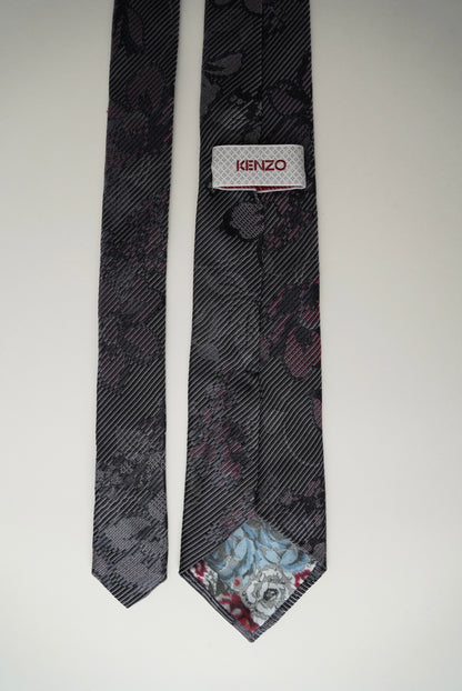 Kenzo Darkgrey Striped Flower Print Slim Silk Tie