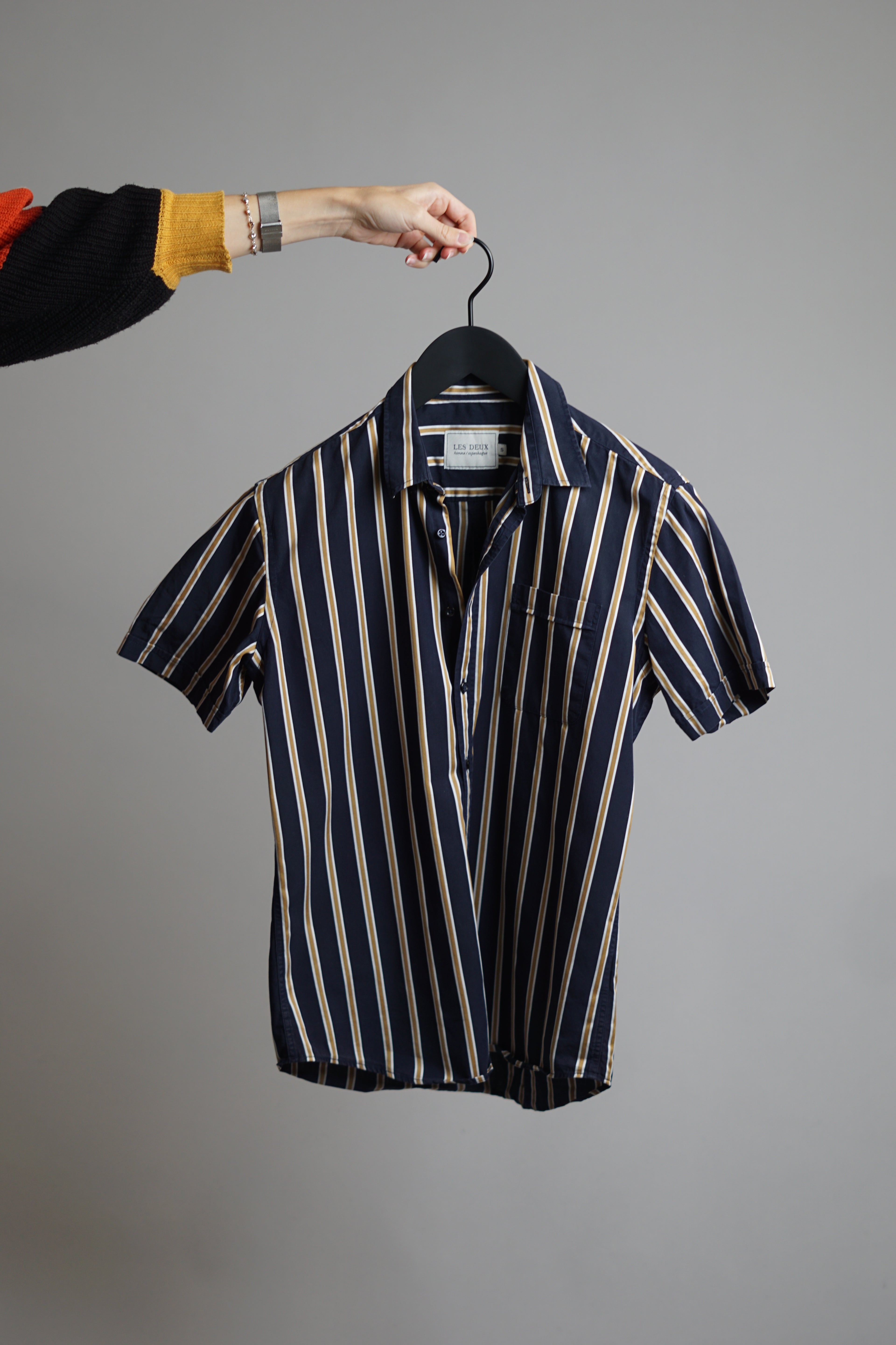 Les Deux Navy Cotton Yellow Striped Short Sleeved Shirt