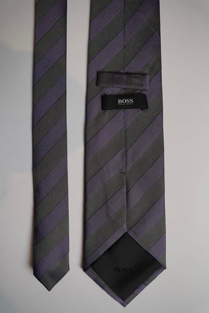 Hugo Boss Gray and Purple Striped Silk Tie