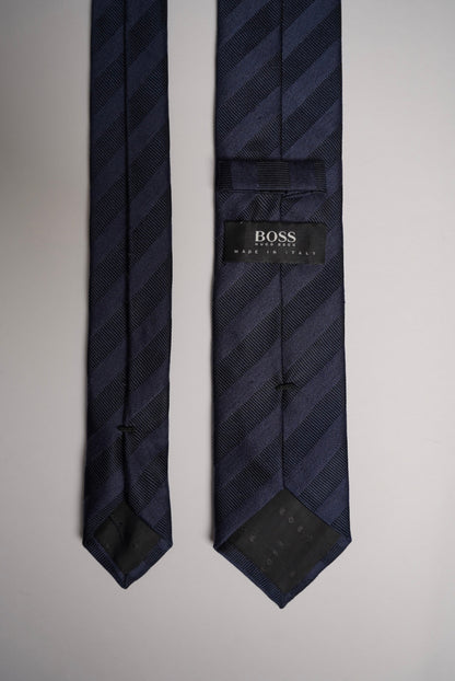 Hugo Boss Navy and Blue Striped Slim Silk and Linen Tie