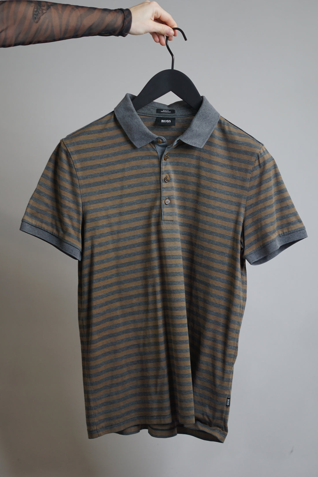 Hugo Boss Grey Striped Slim Fit Mercerised Poloshirt