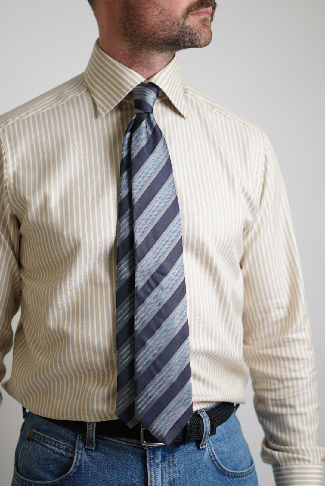 Hugo Boss Blue, White and Dark Striped Silk Tie