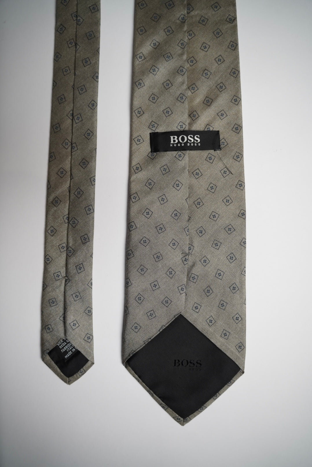 Hugo Boss Light Grey Square Print Silk Tie