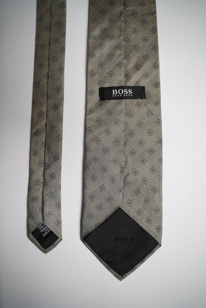 Hugo Boss Light Grey Square Print Silk Tie