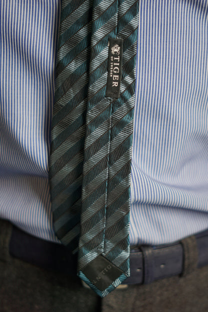 Tiger of Sweden Green and Grey Stripet Thin Slik Tie