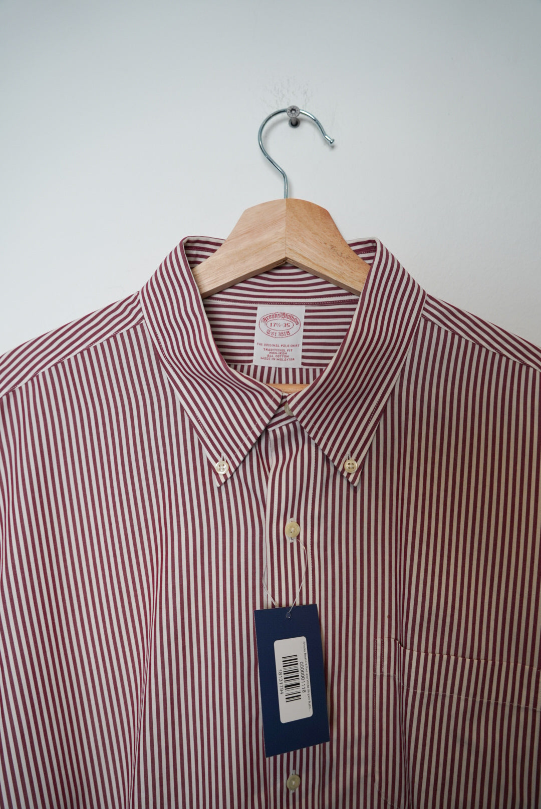Brooks Brothers Red and White Striped Button Down Traditional Fit Cotton Shirt
