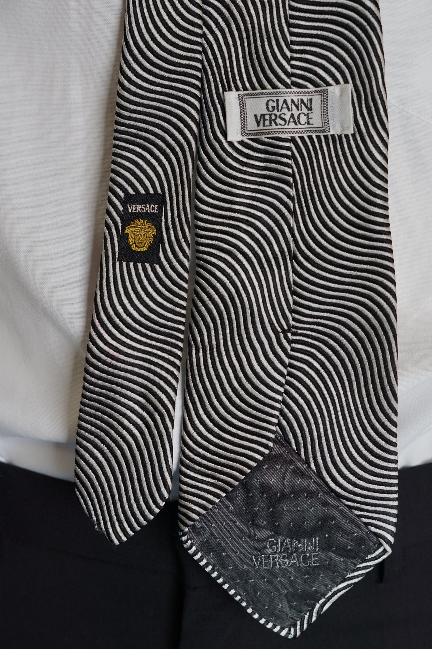 Versace White and Black Striped Silk Tie