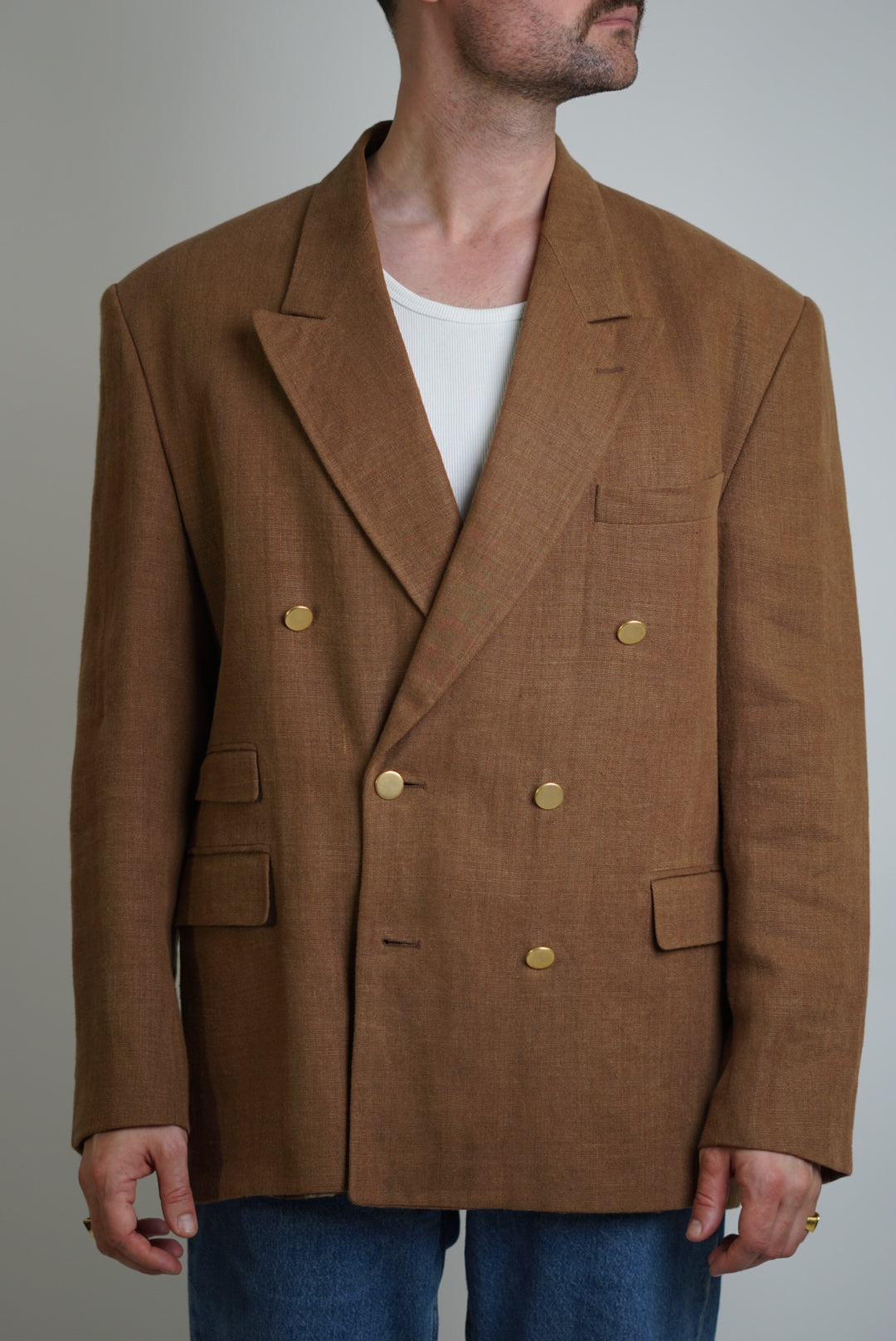 Vintage Khaki Linen Gold Buttons Double Breasted Blazer
