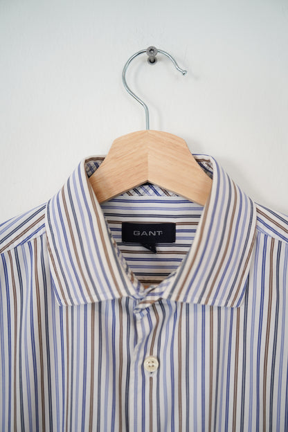 Gant Blue and Brown Striped Liberty Bell Poplin Regular Fit Cotton Shirt