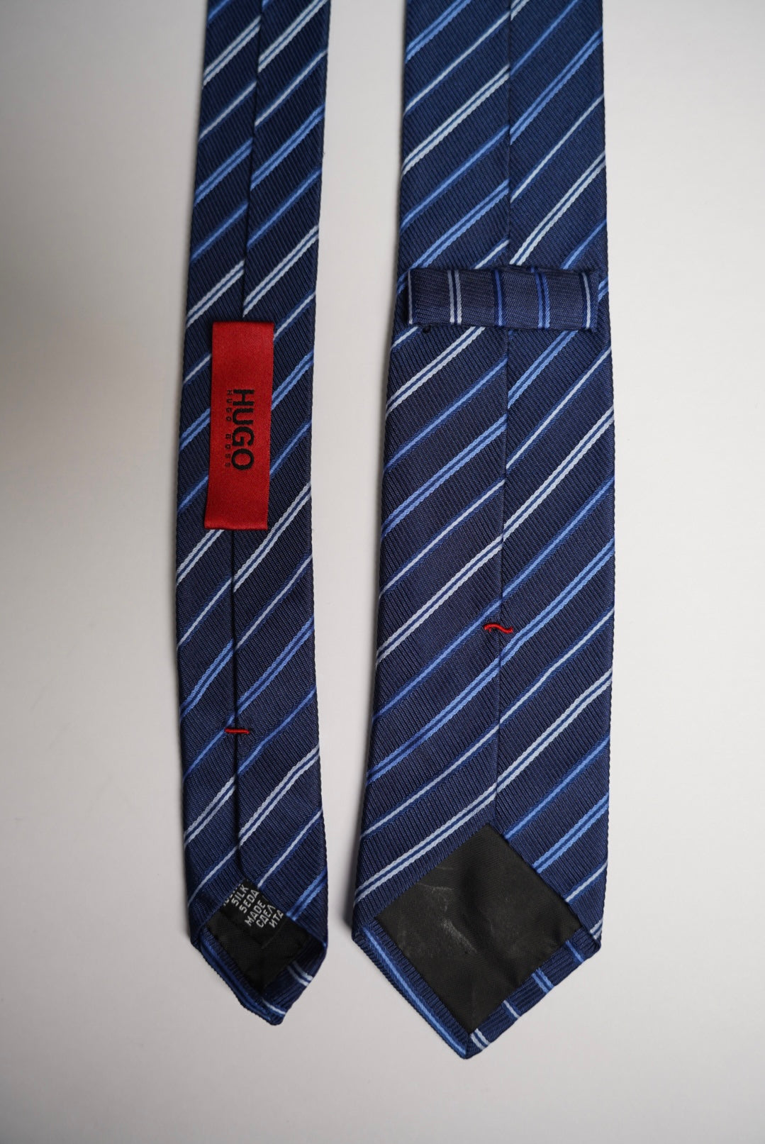 Hugo Boss Navy, Light Blue and Light Grey Striped Slim Silk Tie