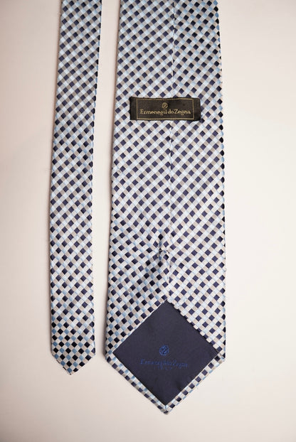 Ermenegildo Zegna Light Blue, Navy and White Checkered Silk Tie