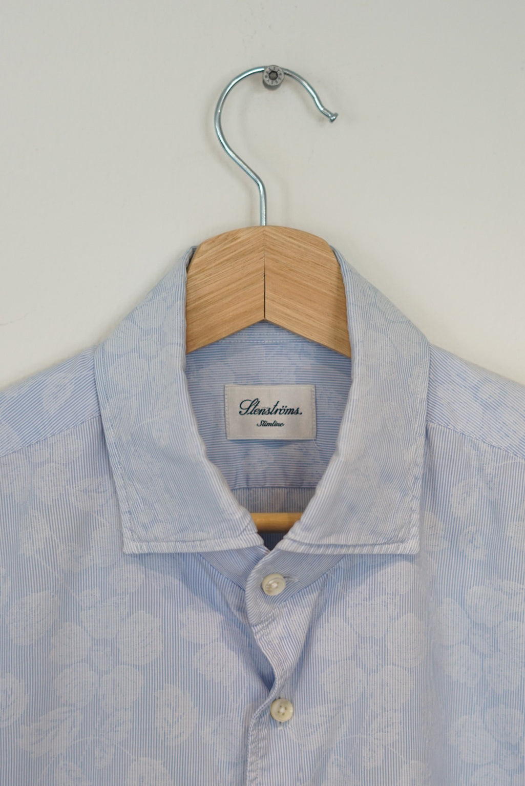 Stenströms Lightblue Striped and Flower Print Slimline Cotton Shirt