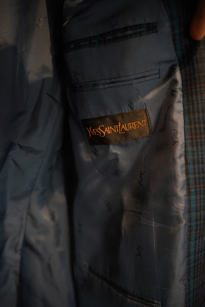 Yves Saint Laurent Navy Checkered Wool Blazer
