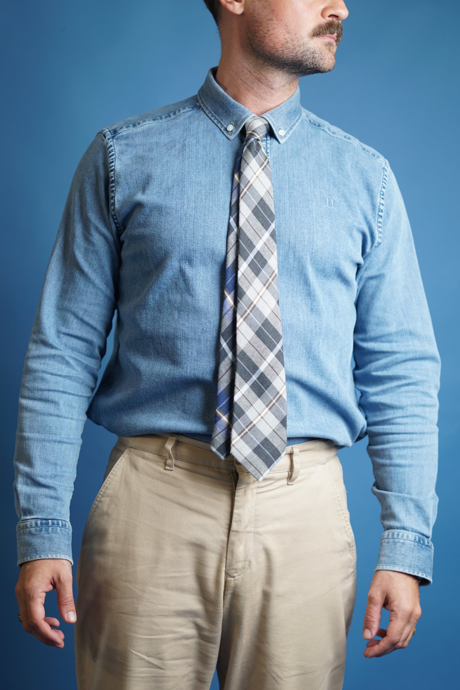 Tommy Hilfiger Blue and Brown Checkered Wool and Silk Tie