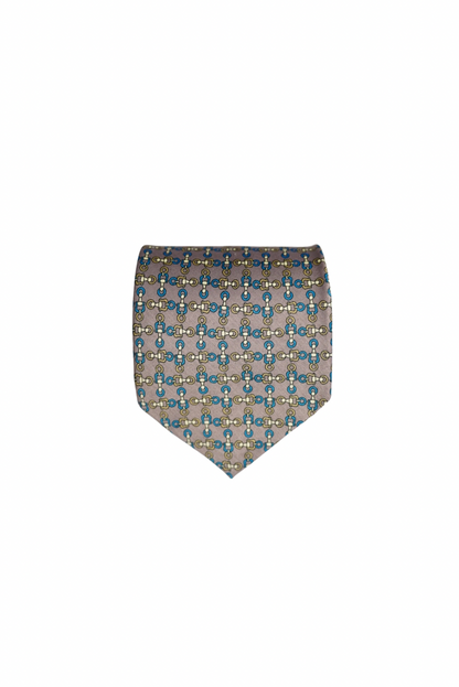 Sette &amp; Bello Grey Hand Made Blue and Gold Chain Print Silk Tie