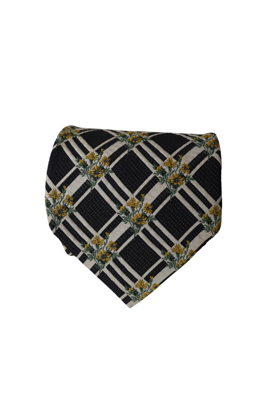 Kenzo Black and Creme Checkered Flower Print Silk Tie