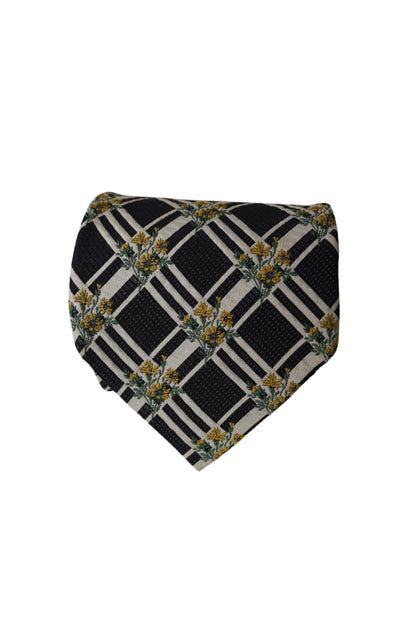 Kenzo Black and Creme Checkered Flower Print Silk Tie