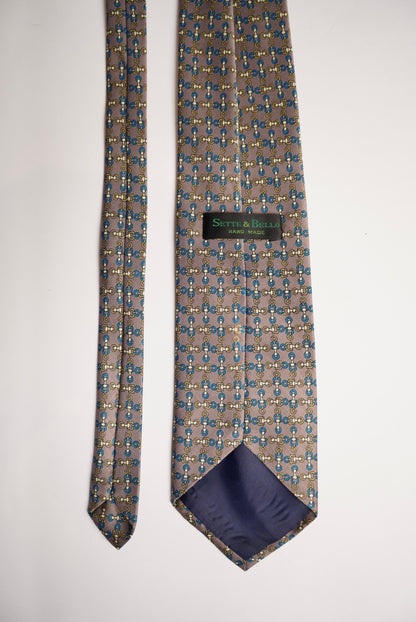 Sette &amp; Bello Grey Hand Made Blue and Gold Chain Print Silk Tie