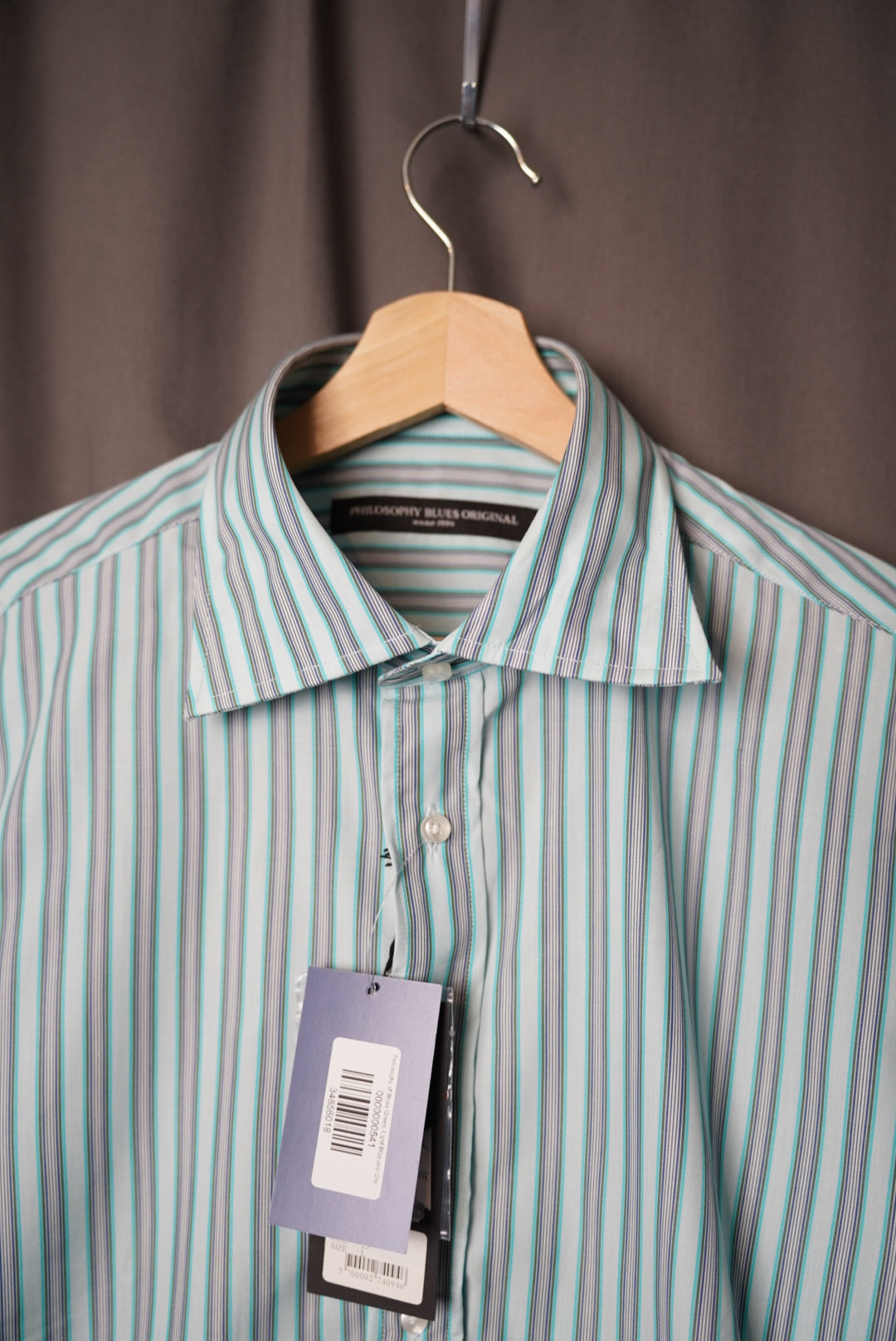 Philosophy of Blues Green, Light Blue and Grey Striped Cornel Cotton Shirt