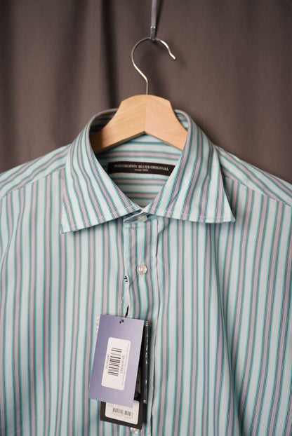 Philosophy of Blues Green, Light Blue and Grey Striped Cornel Cotton Shirt