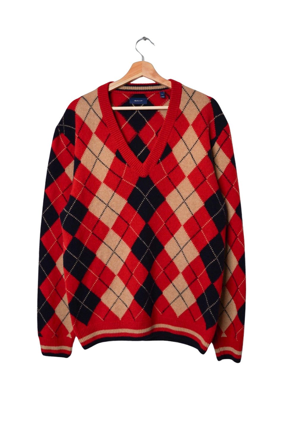 Gant Red, Navy and White Harlequin Lamb Wool V-kneck Knit