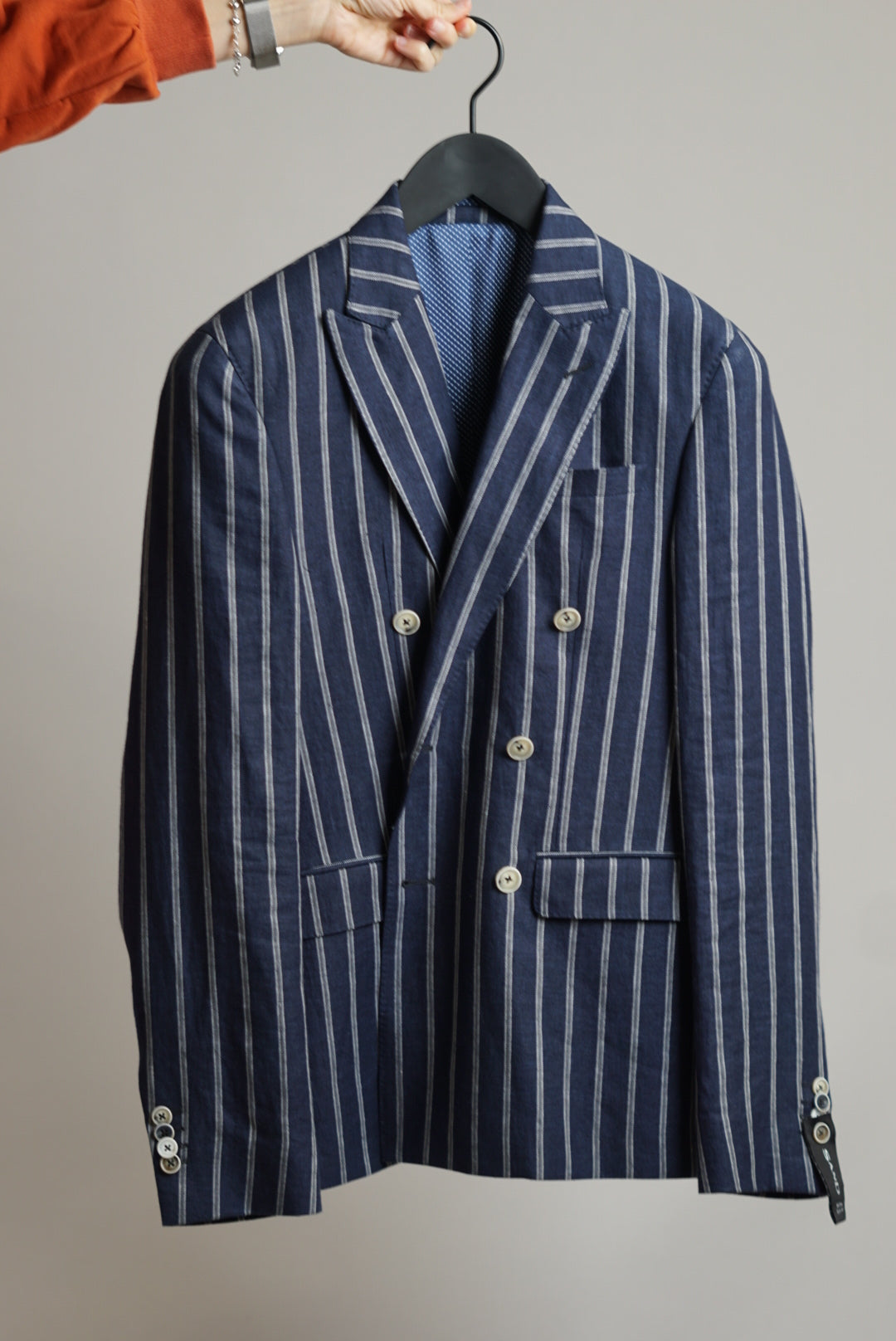 Sand Copenhagen Navy Double-Breasted White Striped Blazer