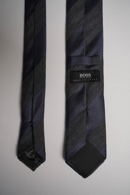 Hugo Boss Navy and Gray Striped Slim Silk Tie