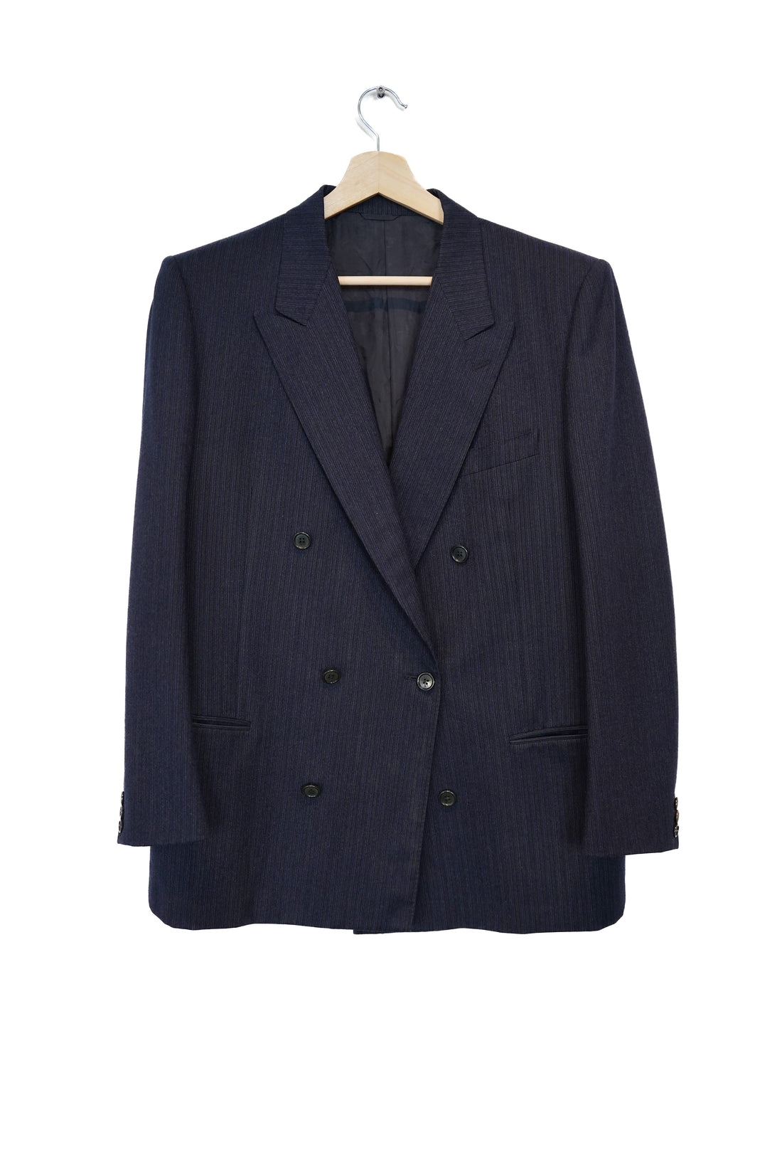 Marineblauer und grau gestreifter Blazer aus Schurwolle mit Doppelreiher