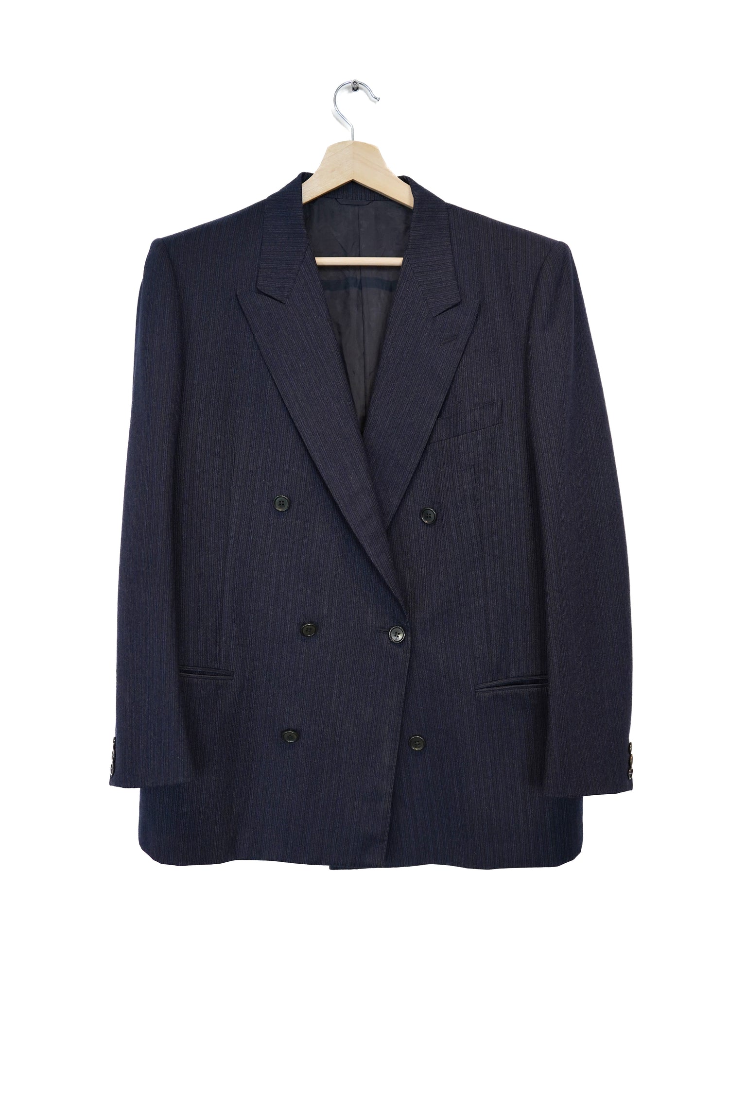 Navy and Gray Striped Double-Chested Vintage Virgin Wool Blazer