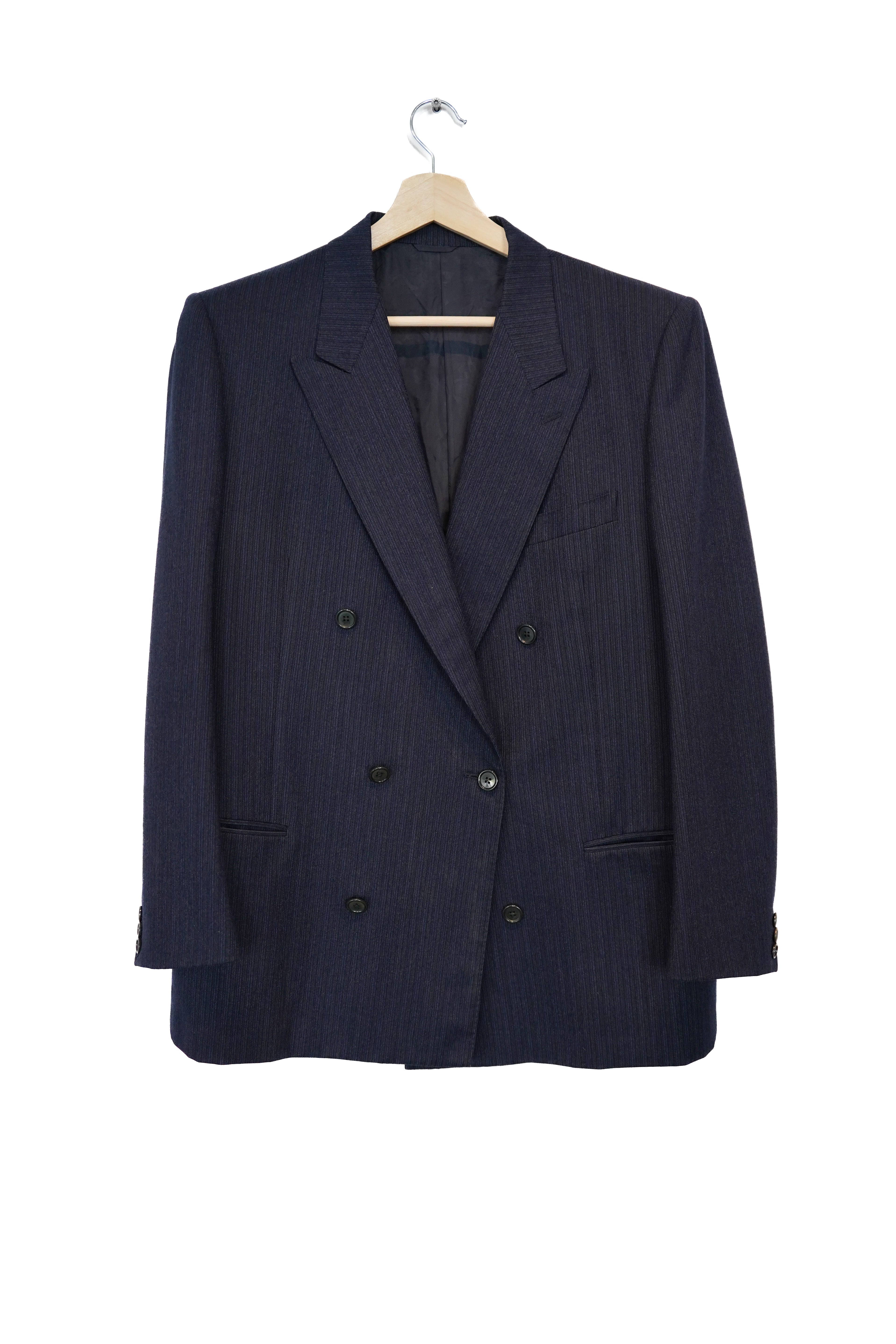 Navy and Gray Striped Double-Chested Vintage Virgin Wool Blazer