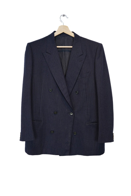 Navy and Gray Striped Double-Chested Vintage Virgin Wool Blazer