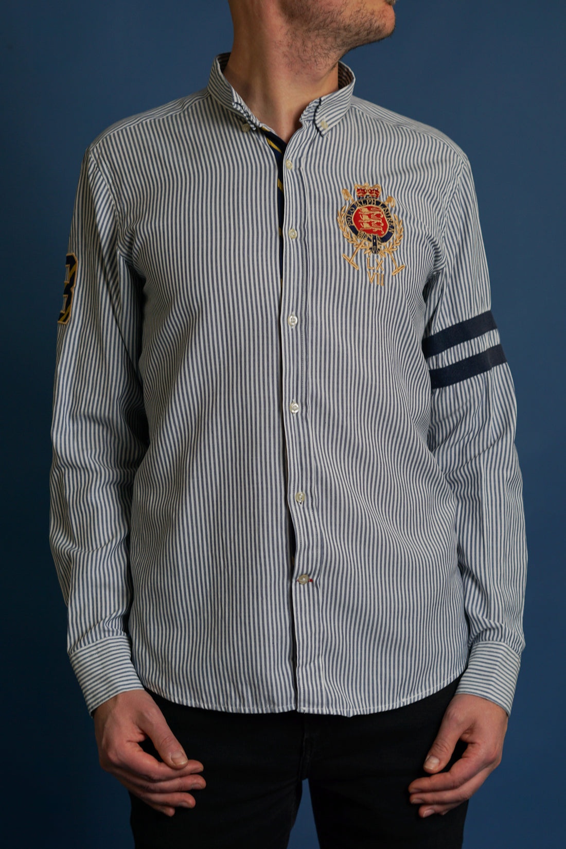 Ralph Lauren Navy and White Striped Crest Poplin Slim Fit Shirt