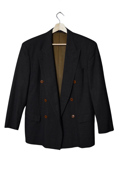 Hugo Boss Dark Grey Double Chested Brown Button Virgin Wool Blazer