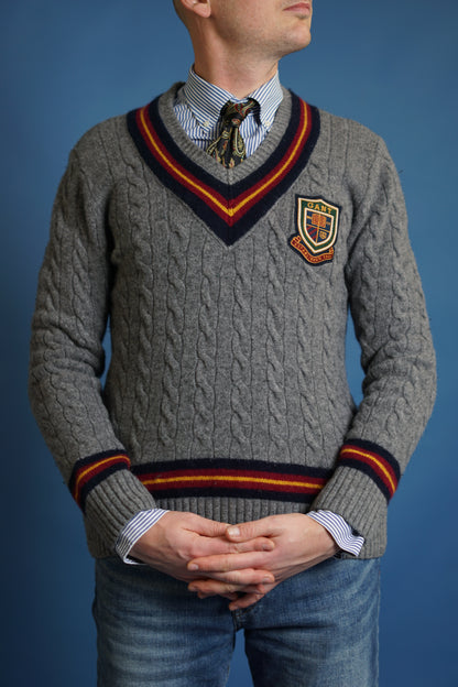 Gant Grey Ivy League Crest Lamb Wool Knit V-Neck