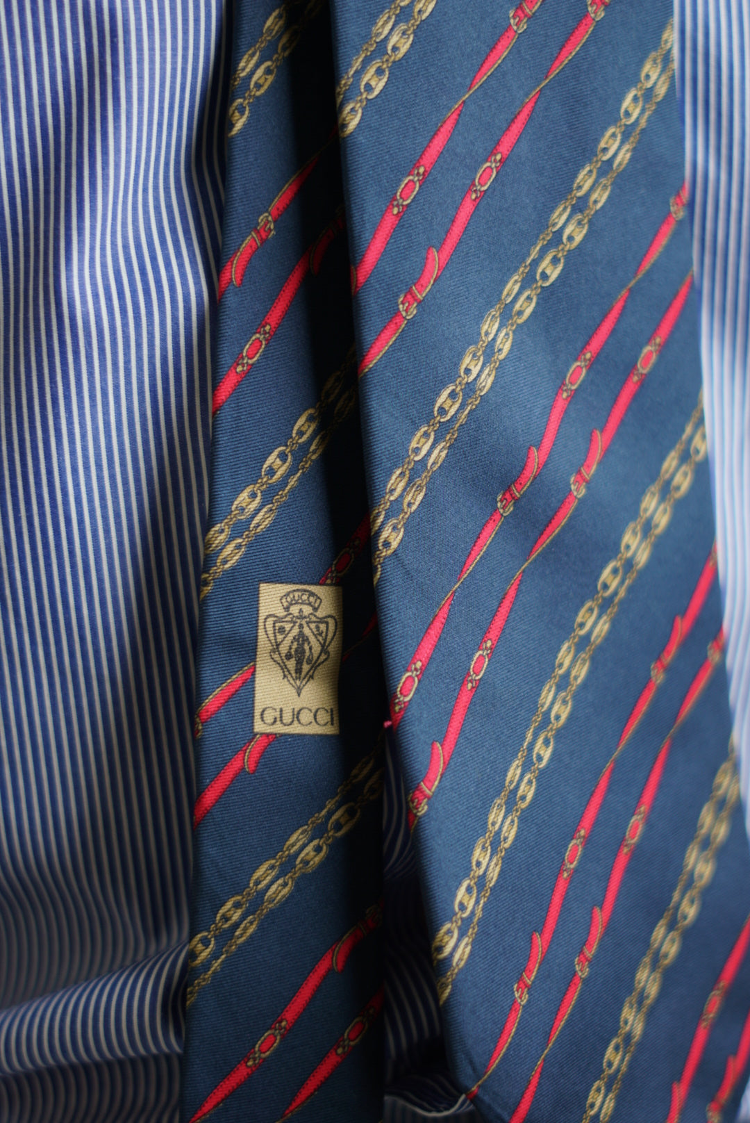 Gucci Navy Belt and Chain Silk TIe