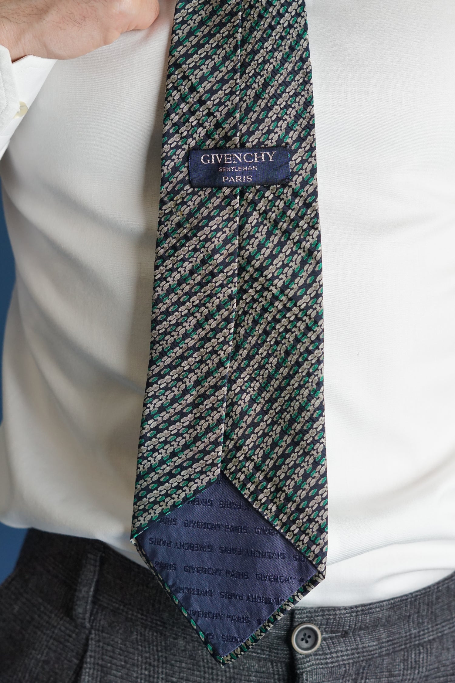 Givenchy Paris Navy, Green and Grey Dotted Gentlemen Silk Tie