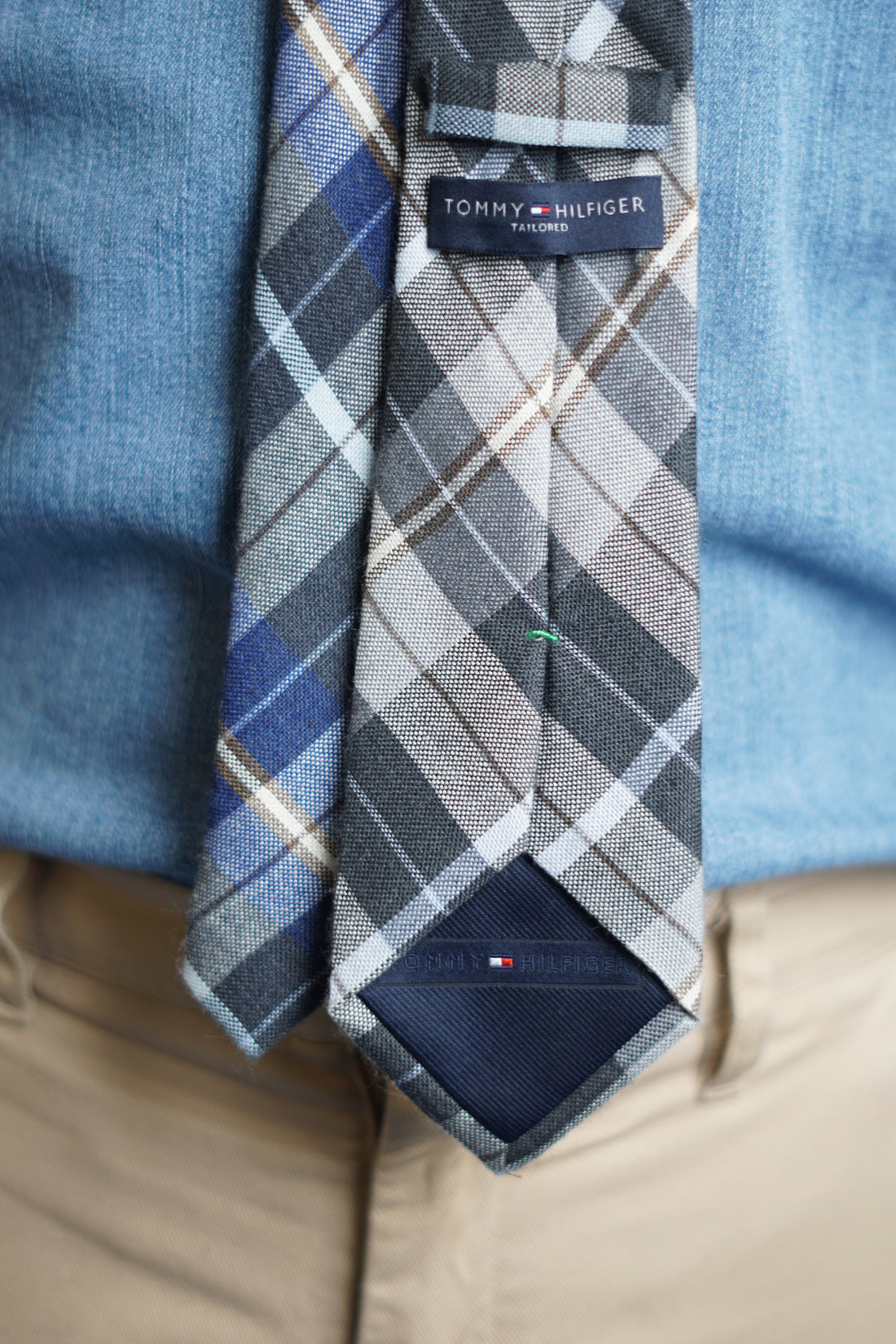 Tommy Hilfiger Blue and Brown Checkered Wool and Silk Tie